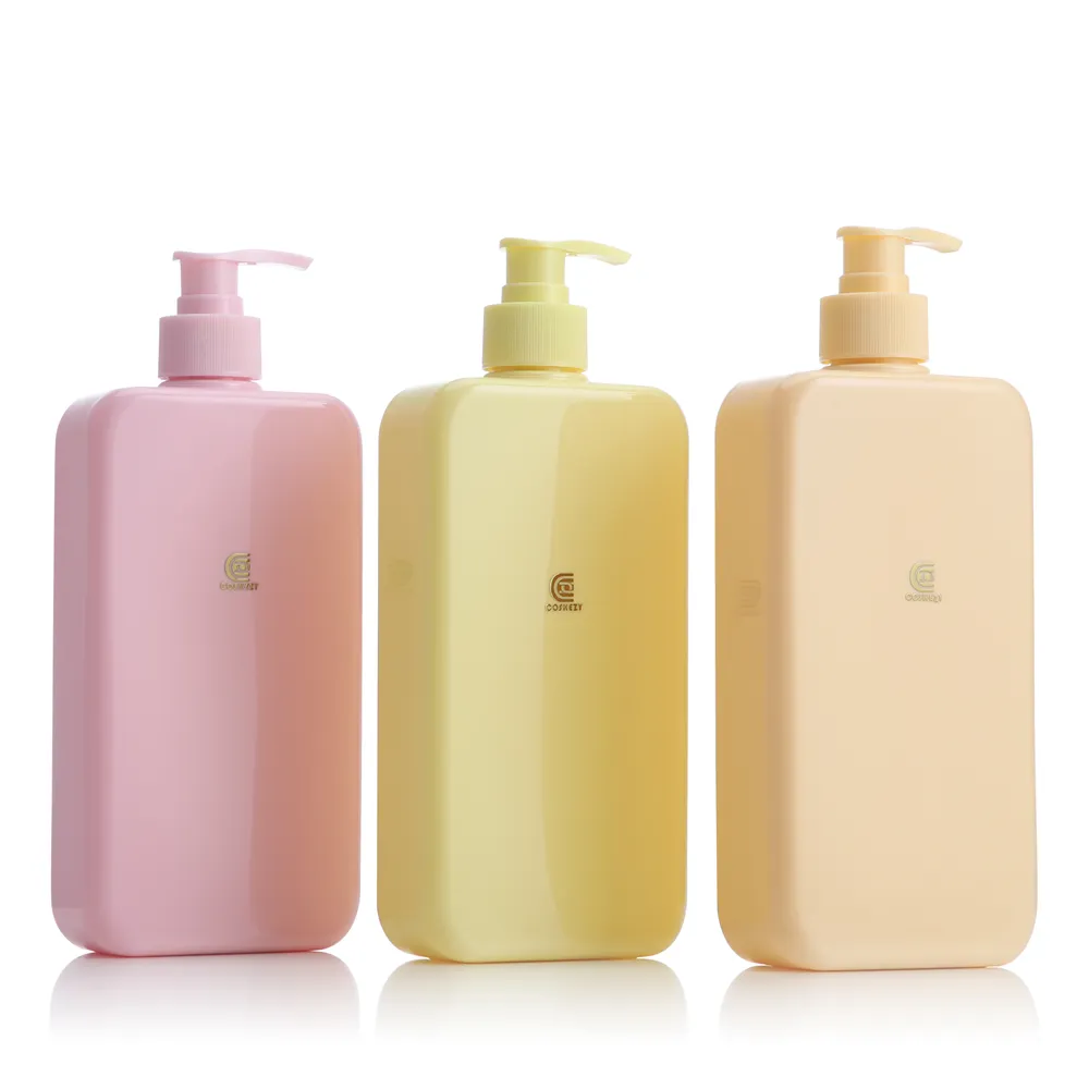 New arrival big capacity 16OZ 500ml plastic cosmetic packaging yellow pink flat square PET shampoo lotion pump bottles