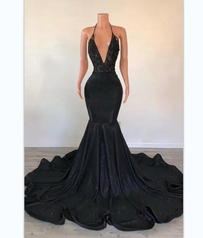 Ocstrade Spaghetti Strap Mergulhando V Neck Backless Vestido de noite Black Lace Glitter Glossy Trompete Long Train Prom Dresses 2023