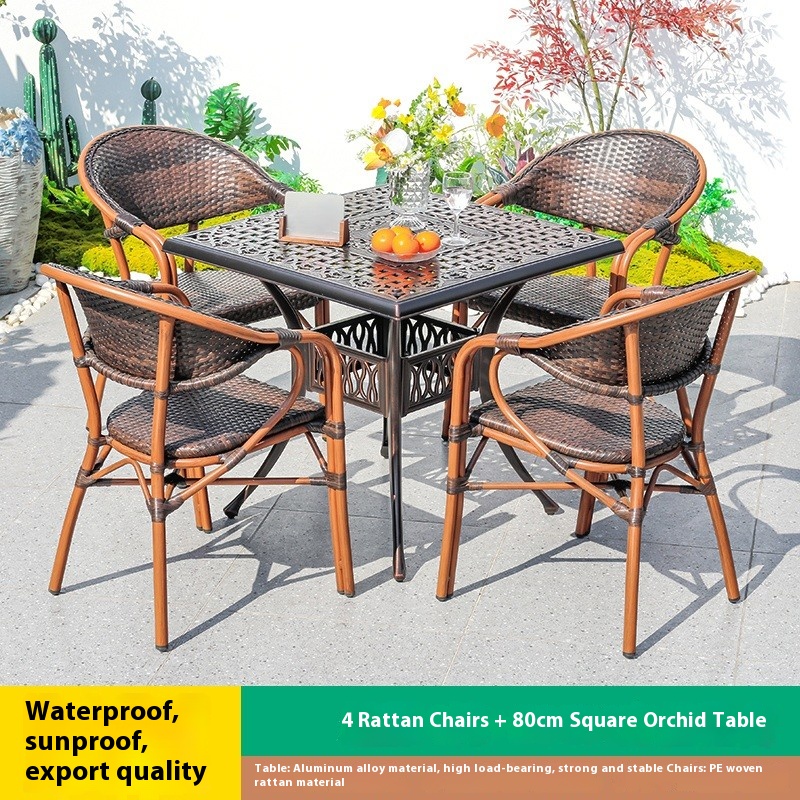 Mesa cuadrada de orquídeas de 80 cm con 4 sillas de ratán