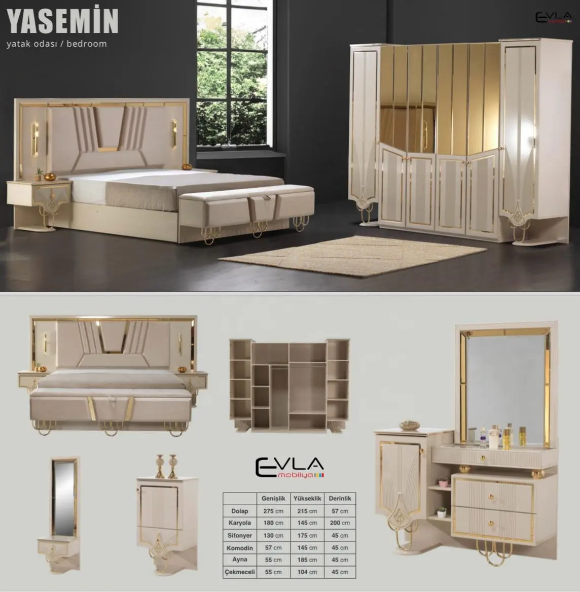 Juego de dormitorio de lujo Yasemin, cama King Queen, cabecero iluminado, armario con espejo, diseño turco, último modelo