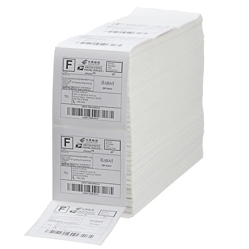 छोटे व्यवसाय पैकेज के लिए वाटरप्रूफ 4x6 एड्रेस डायरेक्ट थर्मल लेबल विनाइल/पीईटी/बीओपीपी सामग्री चिपकने वाला खाली शिपिंग स्टिकर