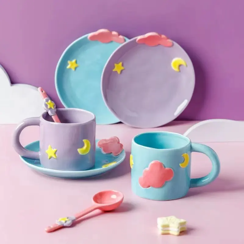 Tazas de cerámica pintadas a mano de estilo Ins, juego de tazas de té y platillos bonitos, tazas de café con nube azul con plato de postre