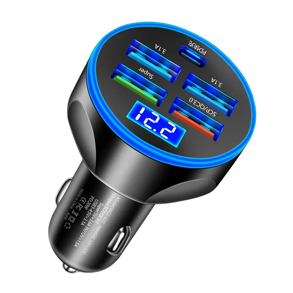 5 puertos 4 USB Super rápido USB C adaptador de cargador de coche PD3.0 QC3.0 tipo C adaptador de fuente de alimentación encendedor de cigarrillos cargador de coche USB