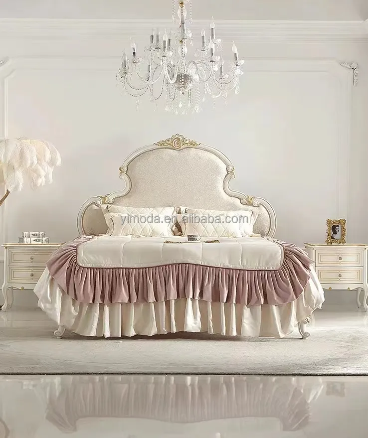 Muebles de dormitorio de lujo de madera maciza francesa, cama de princesa personalizada para niños, juegos de cama de madera de princesa de terciopelo blanco europeo para niñas