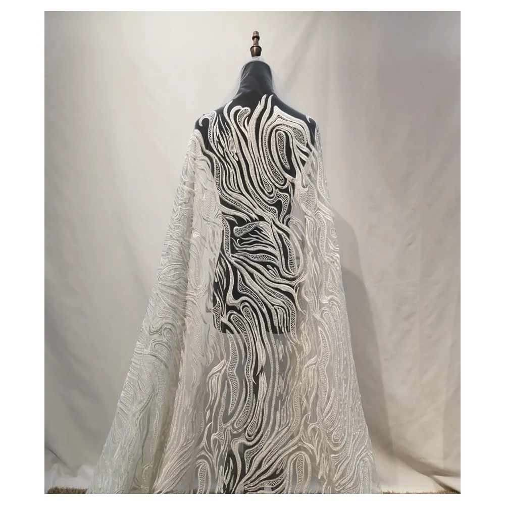 Moda Lantejoula Frisada Francês Tule Lace Tecido Africano 3D Handmade Beads Lace Tecido Para Vestidos De Casamento