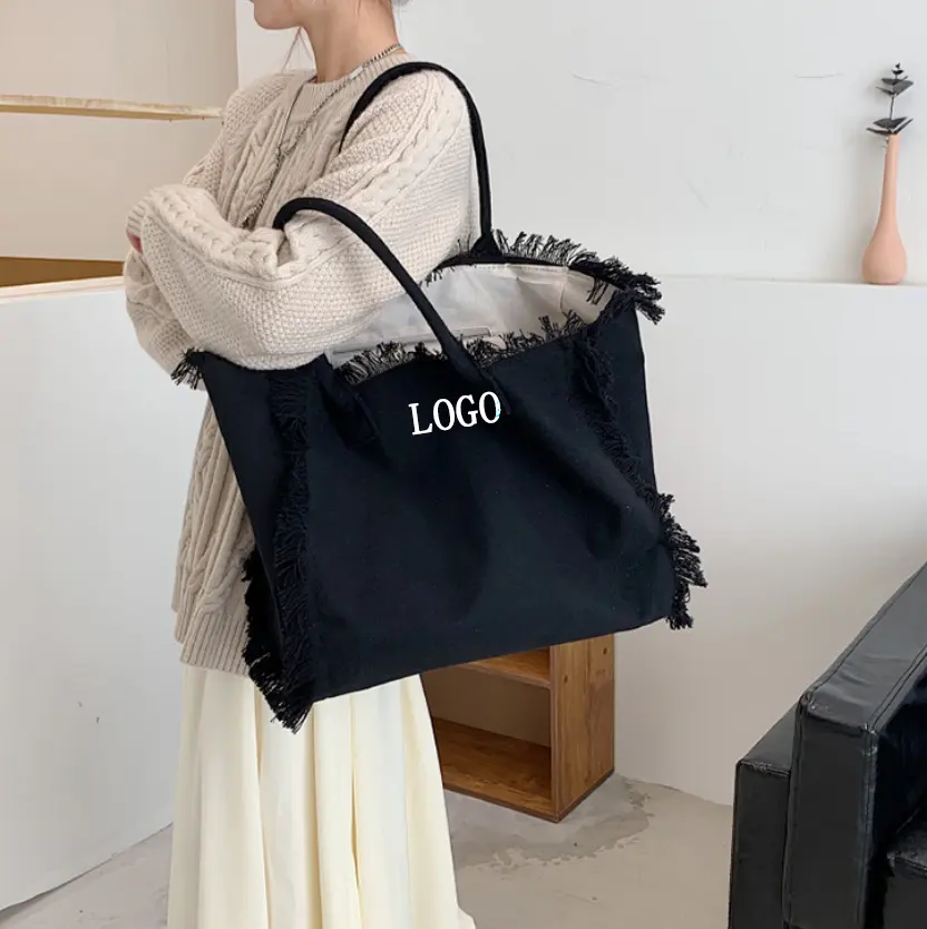 Bolsas de lona de algodón con flecos y borlas de gran capacidad de color sólido brillante de diseñador de logotipo personalizado de alta calidad con cremallera