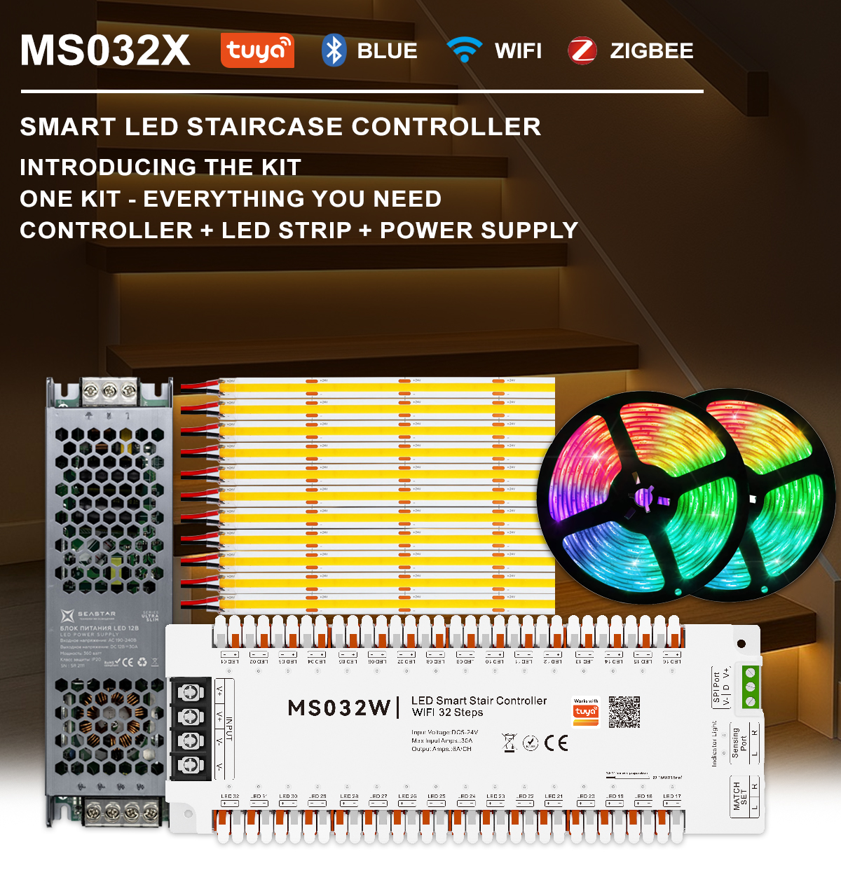 Kit : contrôleur + bandes LED 32 pièces + alimentation 24 V