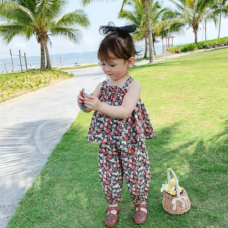 Summer Girls' Clothing Sets Back Cross Flower Suspender Top+ Nine-Point Pants Baby Children Clothes Suit Fashion Kids Outfit