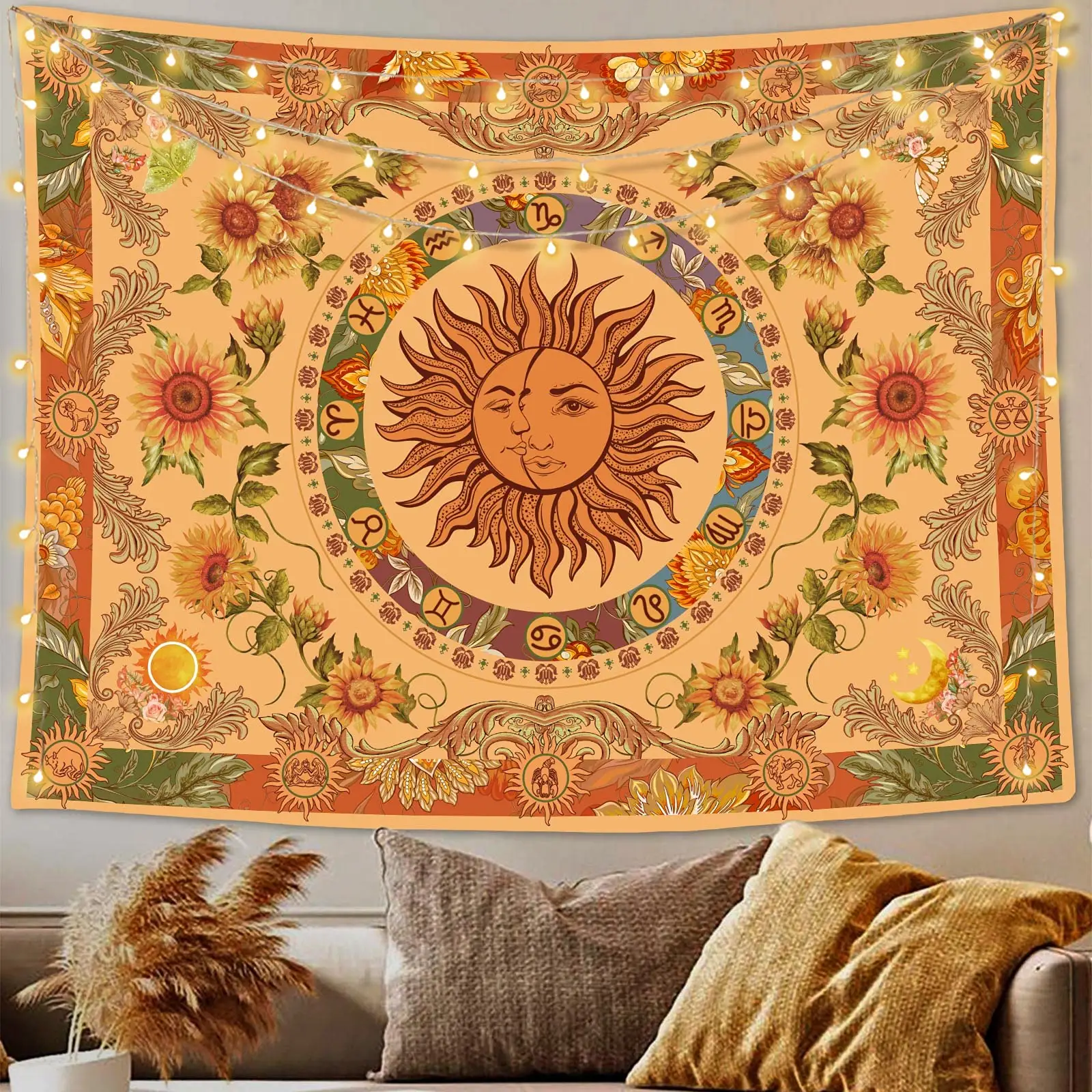 Amarillo sol y luna Vintage Indie Boho pared alfombra colgante para dormitorio sala de estar pánico tapiz