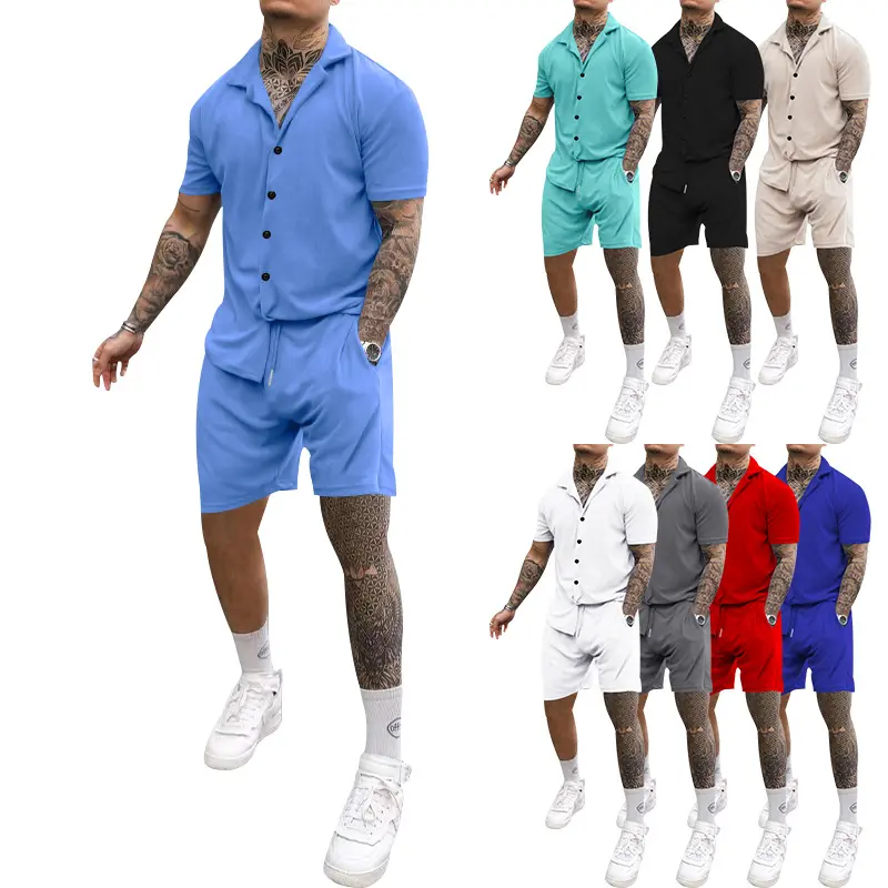 quick dry breathable solid wholesale polo shirts and shorts 2 pieces set loose plain blank men summer set