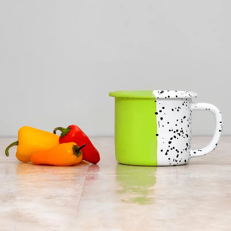 Korea food grade safety 8cm 350ml 12oz standard size green splatter splash two tone half speckled spot dot enamel cup mug