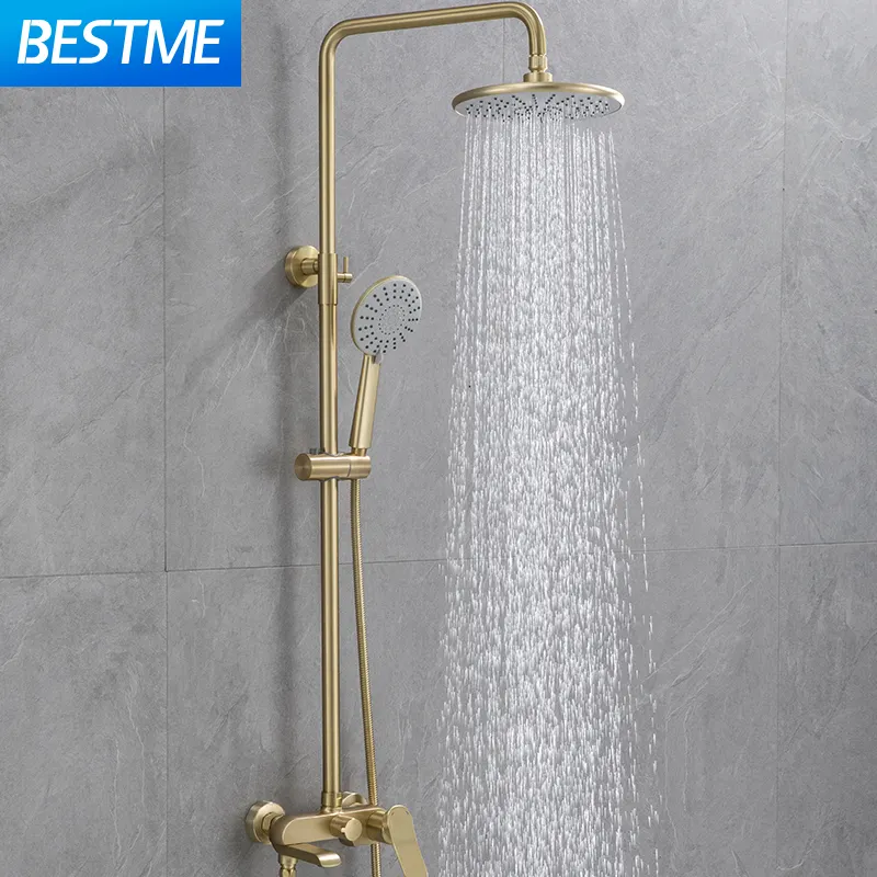 Duş seti altın duvara monte pirinç musluk banyo muslukları lüks pirinç kitleri fırçalanmış altın yağış duvara monte duş seti