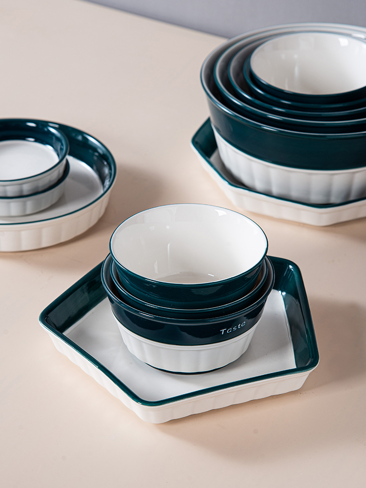 Nordic Ceramic Dinnerware Set with Dark Green Edge,pentagon plate special-shaped dinner set tableware set,plate bowl bakeware
