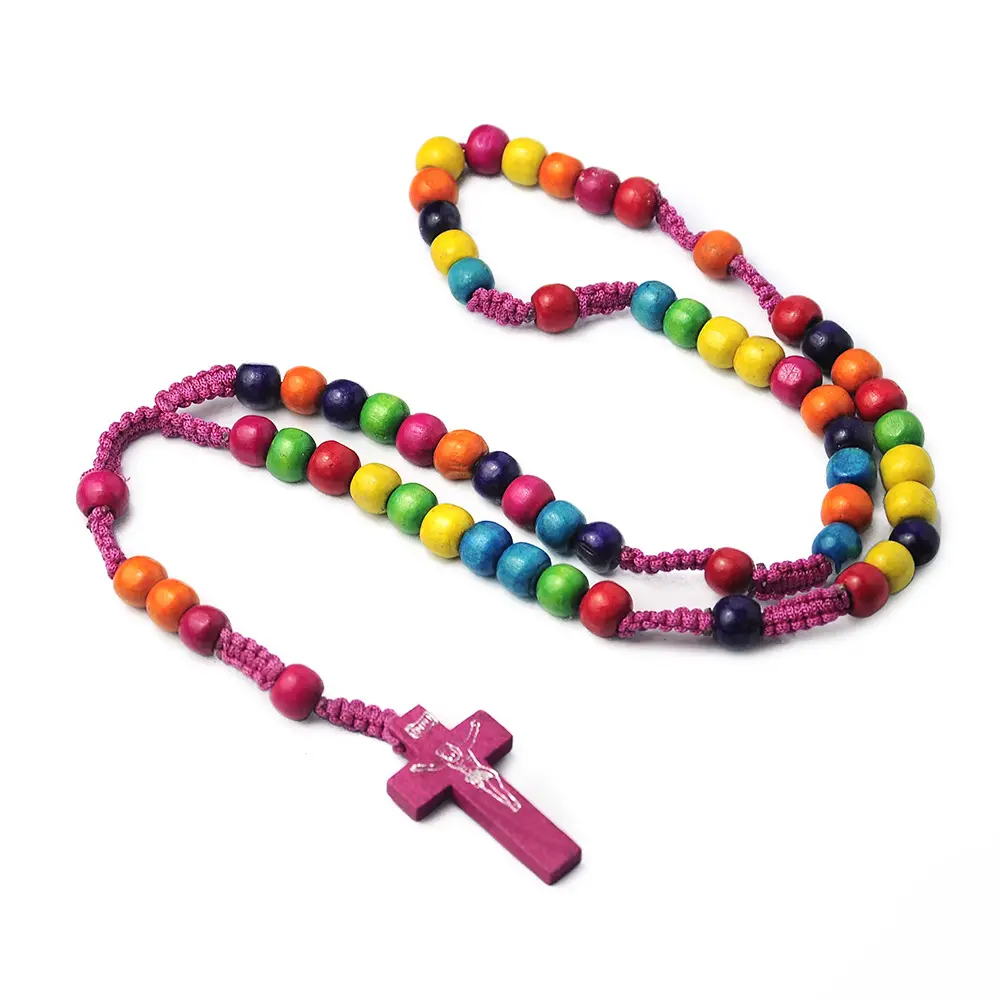 Collana di rosari cattolici cristiani in legno preghiera perline colorate rosario in legno cattolico per uomo donna pastore