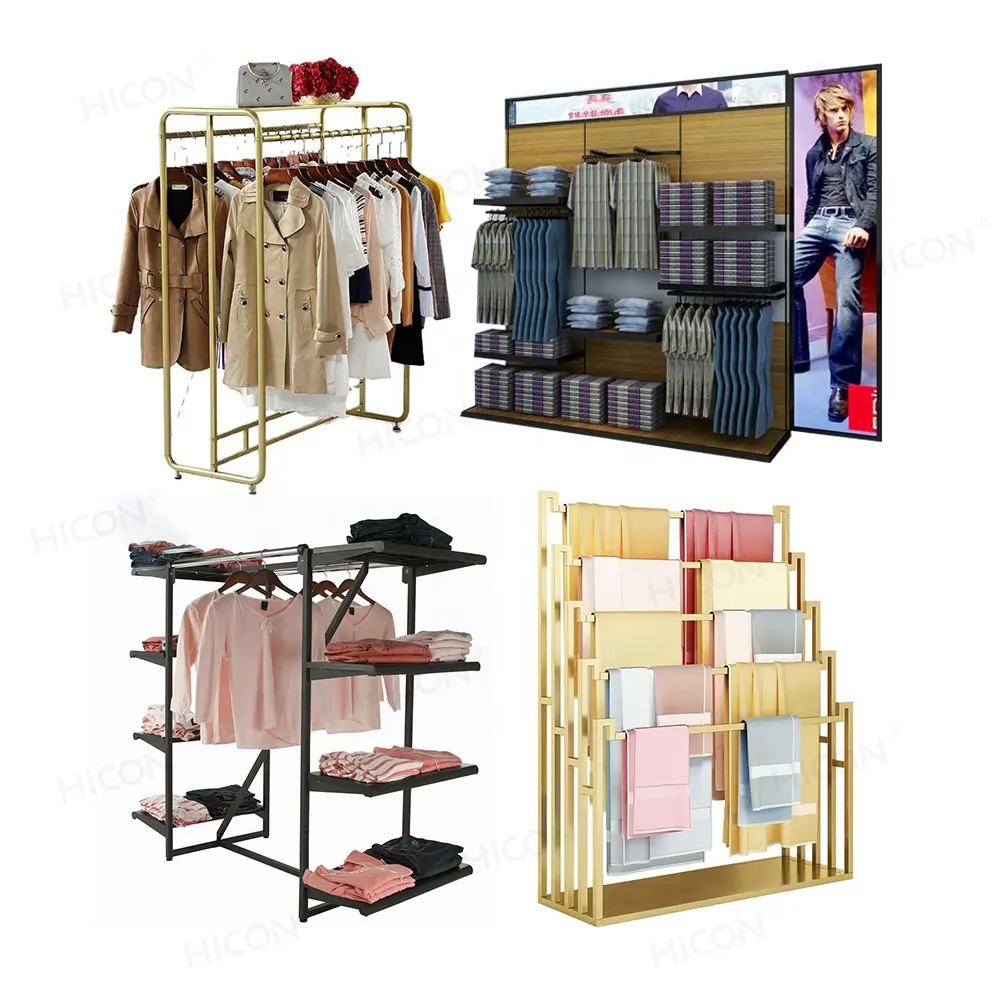 Boutique magasin de détail, étagère en métal doré, support pour vêtements et chemises, présentoir avec cintre