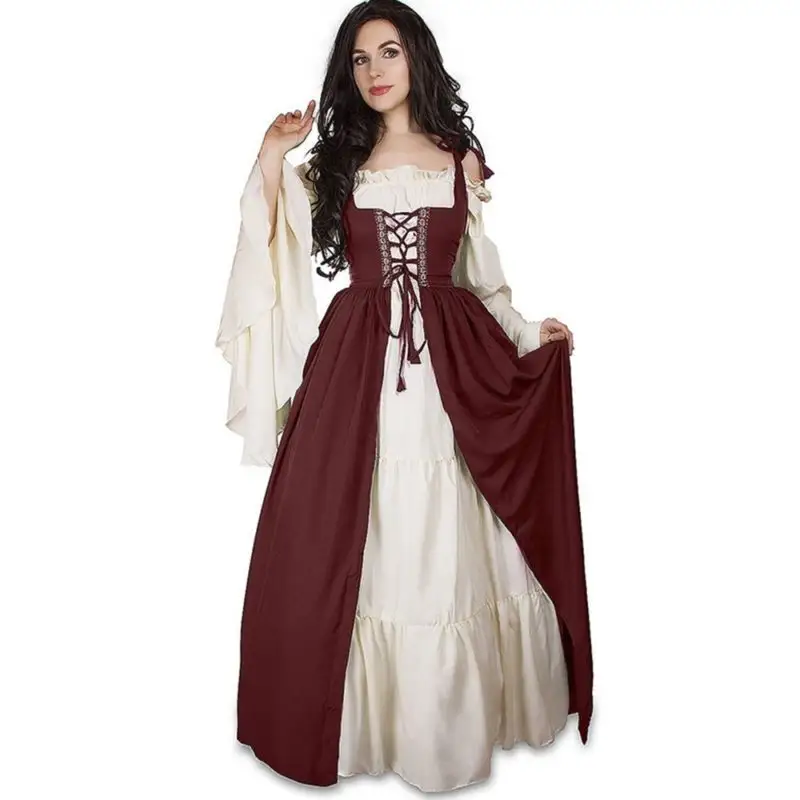 Bave halloween vestido quadrado, corset europeu e americano com pescoço quadrado vestido de desempenho renascentista medieval vintage