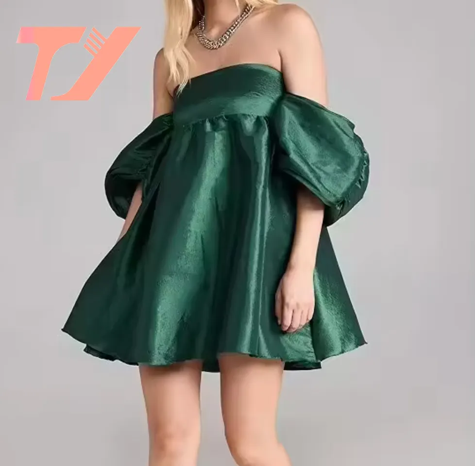 TUOYI, fabricantes de escote con hombros descubiertos, minivestido de tela sedosa de tafetán elástico de color personalizado, vestidos informales de verano para mujer