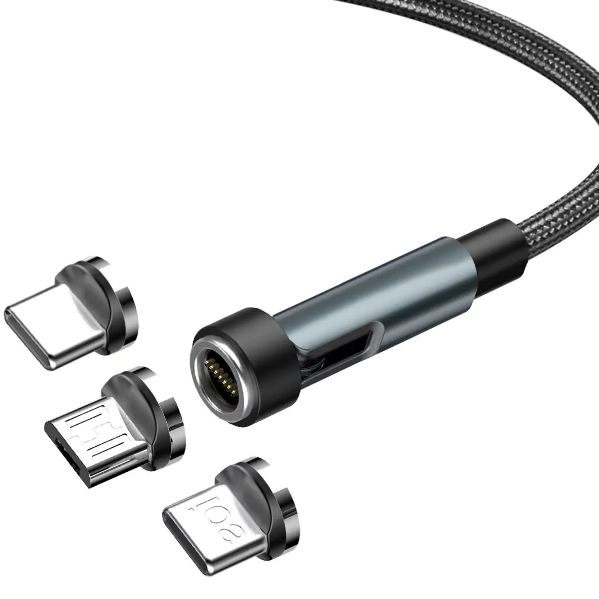 2024 nuevo cable de datos de succión magnético trenzado, cable de datos de carga rápida móvil USB giratorio Android tres en uno