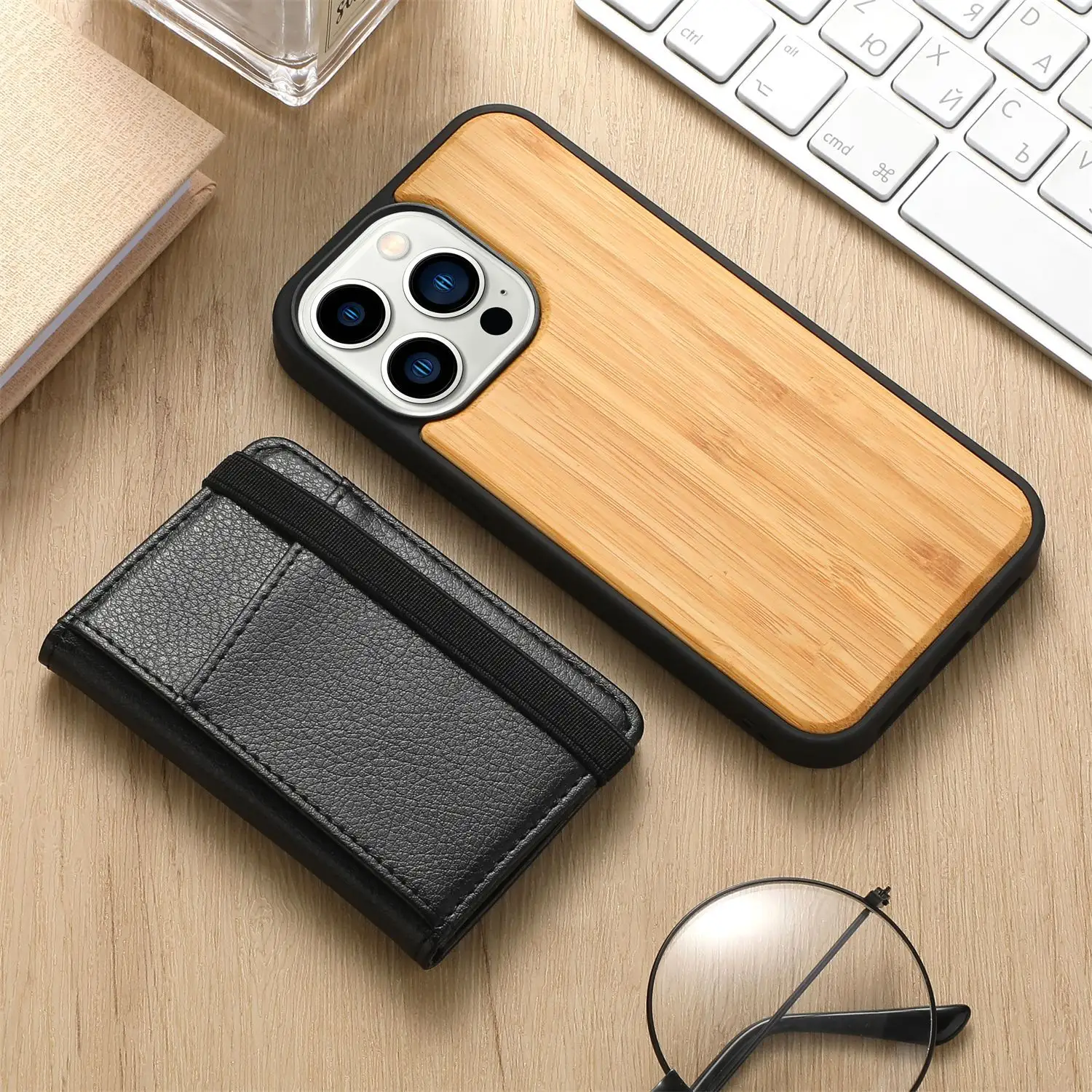 Wood Back Cover With Magnetic Detachable Card Pocket Wallet Phone Case for iPhone 13 Pro Max iPhone 14