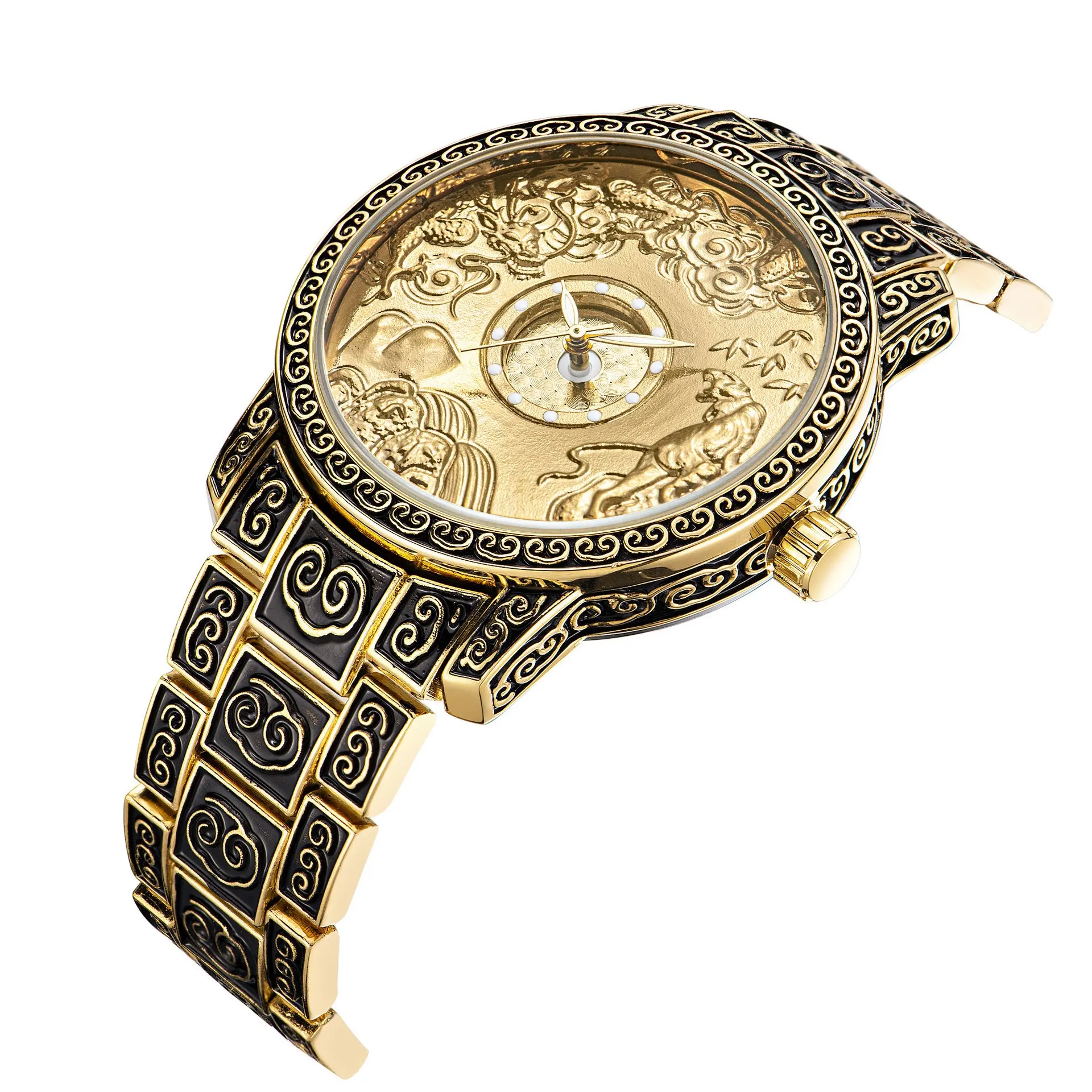 Engraved 3D Flower On Watch Case Dial and Band Gold/silver/brass And Retro Silver Vintage Style Mens Watch