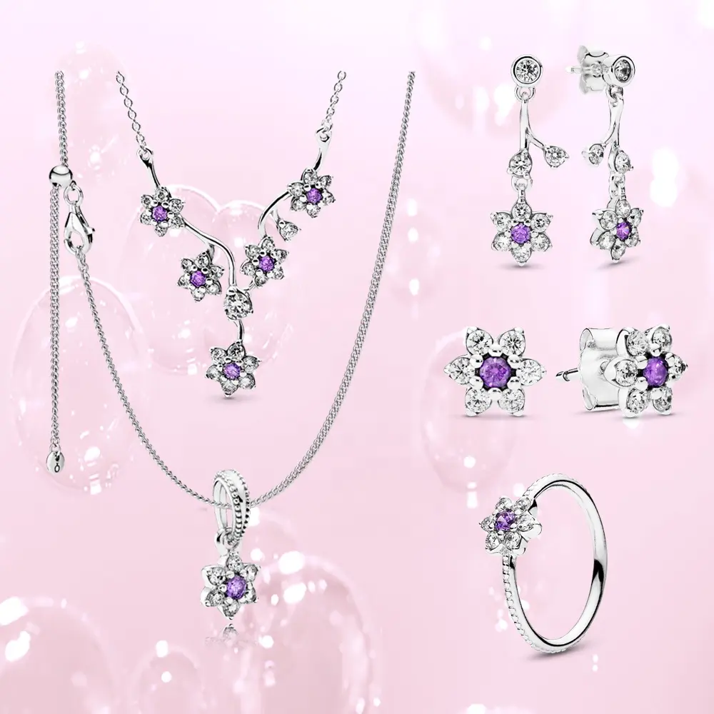 Charm Jewelry Set Flower Necklace Shining Chains Flower Ring Shining Earring Silver Jewelry