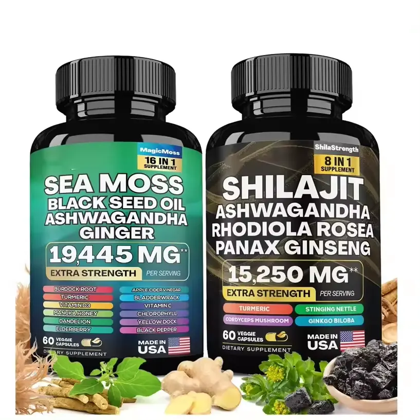 Rangkaian vitalitas dinamis suplemen Herbal shilajit lumut laut minyak biji hitam Ashwagandha Shilajit Rhodiola Rosea Panax kapsul