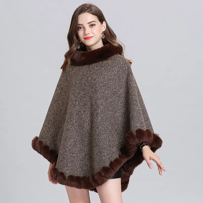 Fashion Style Design Shawl Winter Warm Women Faux Fur Trim Wool Blend Poncho Shawl