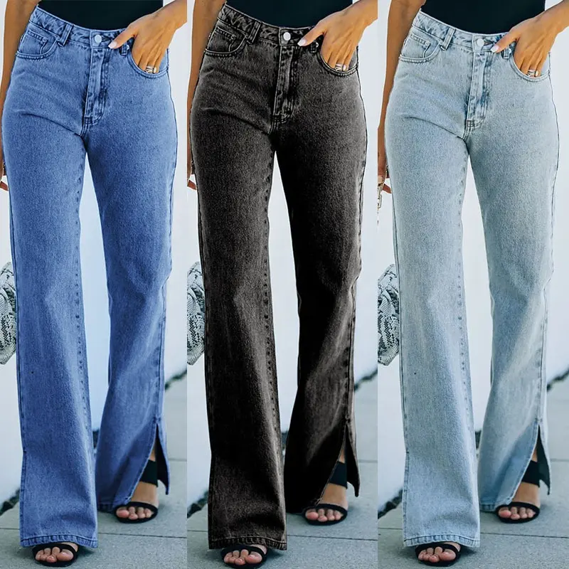 WJ178 vendita calda moda donna pantaloni larghi in denim jeans a fessura orlo jeans da donna con fondo a campana
