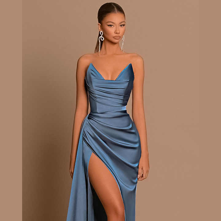 Moda v colar tubo top plissado cintura vestido fenda vestido forktail vestido longo mulheres