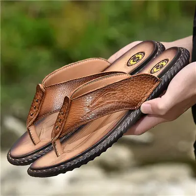 Sandales en cuir avec première couche pour homme, claquettes tendance, chaussures d'été,