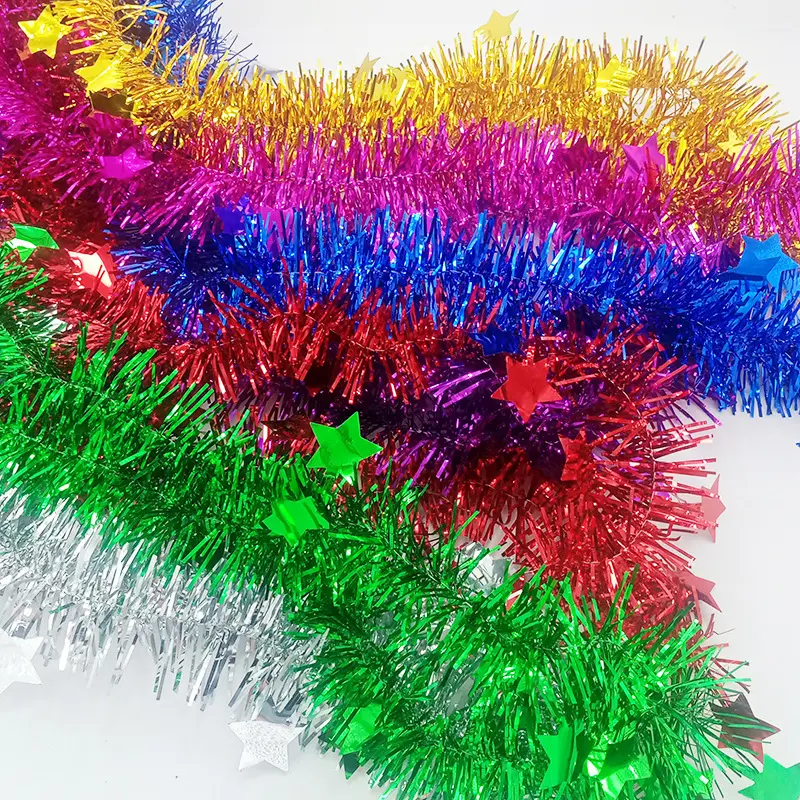 2M Low Price Wholesale Christmas decorations Star tinsel Decorative Christmas Tinsel for Party Festive event color bars