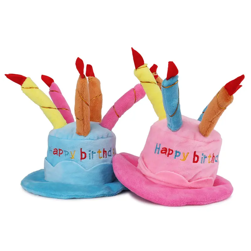 Divertente confortevole felice torta di compleanno a forma di protezione del cane di peluche di compleanno cappelli da compagnia