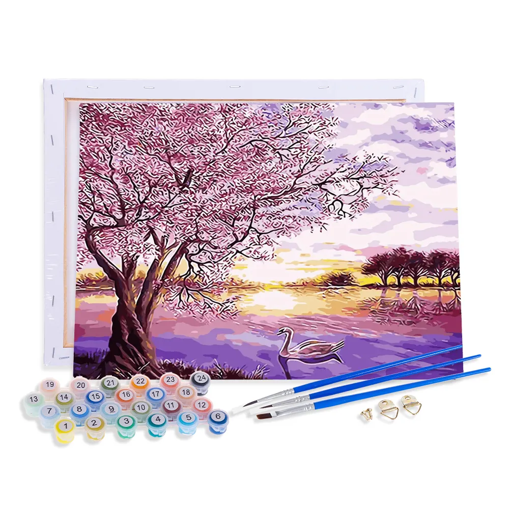 AOVIA Diy Oil Painting By Numbers Tree Ready Frame Sunset Paint By Numbers Landscape Kits For Adults Kids Beginners