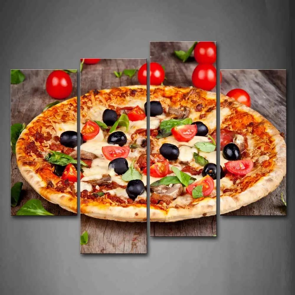 Pannelli di Arte della parete della Tela di Canapa Pittura Home Decor 4 Pizza Con Carni E Frutta Immagine Modulare HD Stampe Poster Per Soggiorno camera Telaio