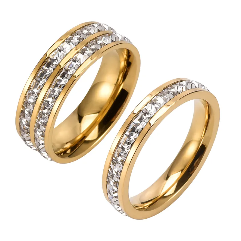 Высококачественное позолоченное Двухрядное обручальное кольцо с бриллиантами, ювелирные изделия, модное кольцо на заказ из нержавеющей стали для женщин