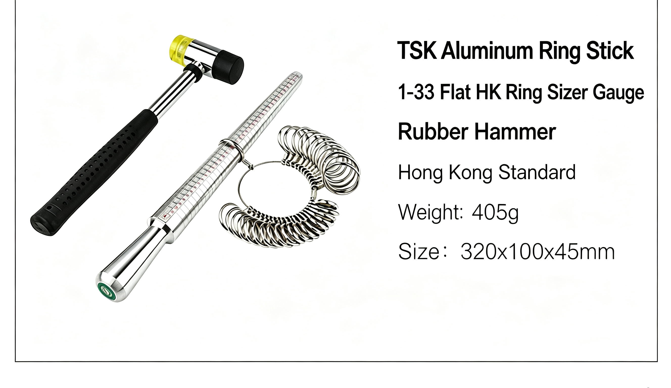 Ring Stick With 1-33 Flat HK Ring Sizer Gauge And Rubber Hammer