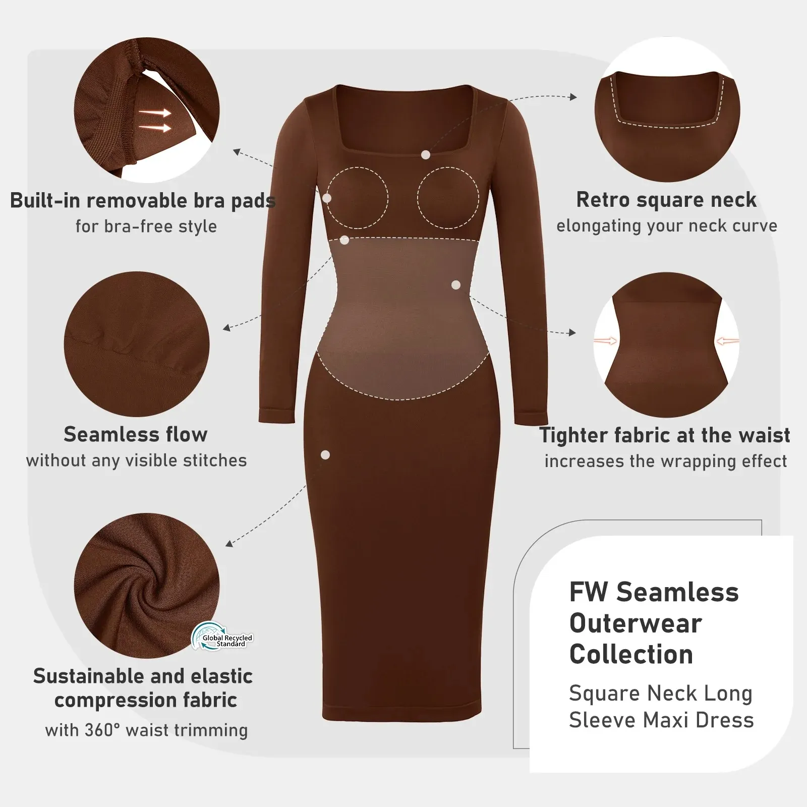 Servicio personalizado Mujeres Shapewear Control de barriga Outwear Vestido Mujeres Body Shaper Shapewear Vestido de manga larga Midi Bodycon Dress