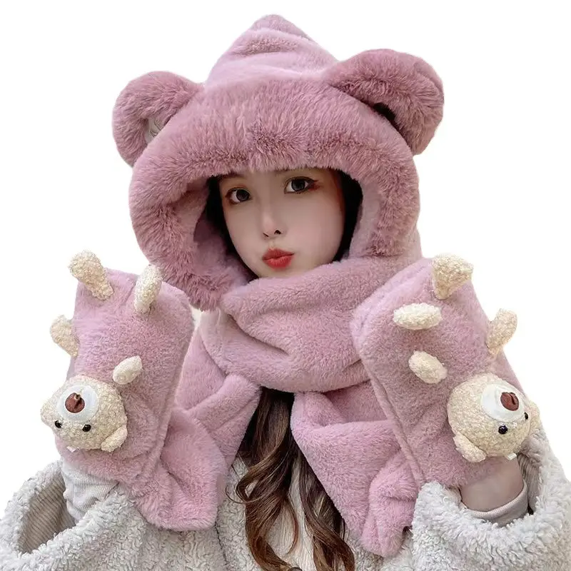 Animal women winter scarf gloves one three-piece set Bear Winter hats imitation rabbit hair cute thick fluffy warm wool caps