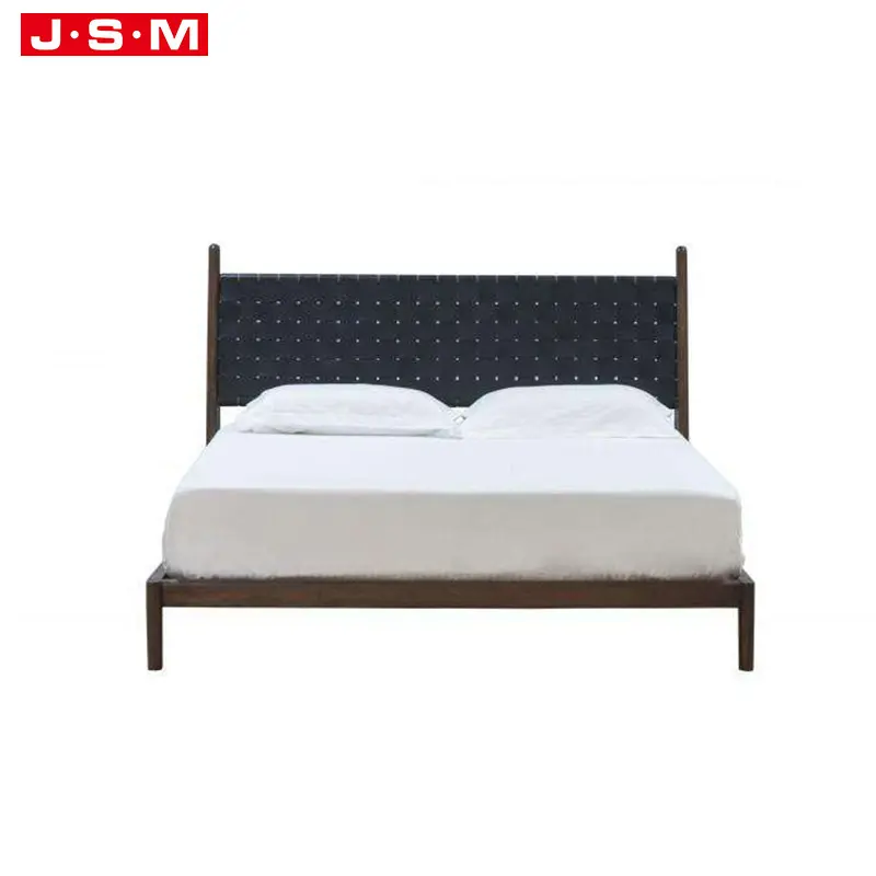 Minimalist असबाबवाला राख लकड़ी बिस्तर फ्रेम बुना बेल्ट चारपाई की अगली पीठ एकल बिस्तर