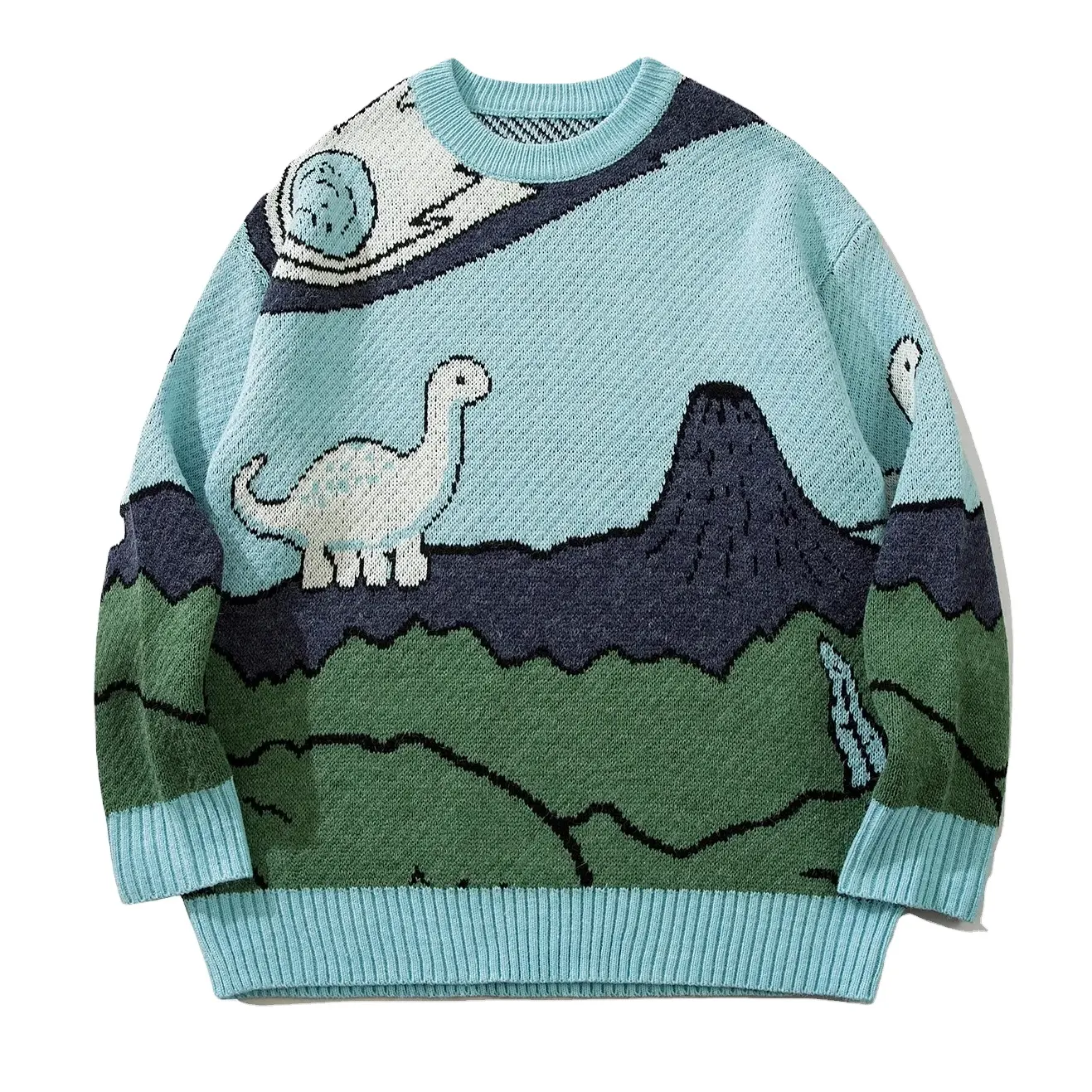 Fashionable Dinosaur Pattern Crewneck Sweater for Spring Men's O-Neck Pullover Viscose and Wool Anti-Shrink Knitwear for Men