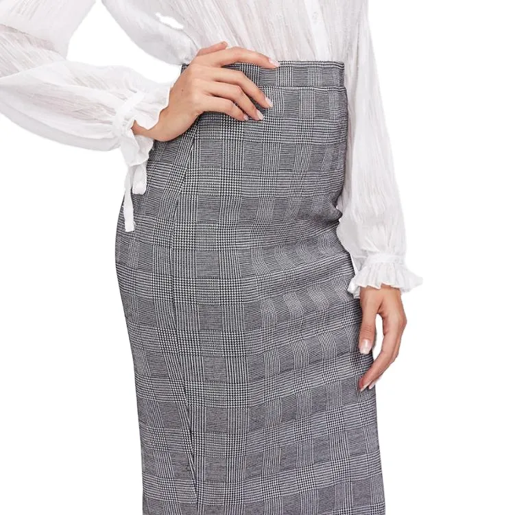 Falda de oficina formal para mujer, Falda de tubo a cuadros con espalda ventilada