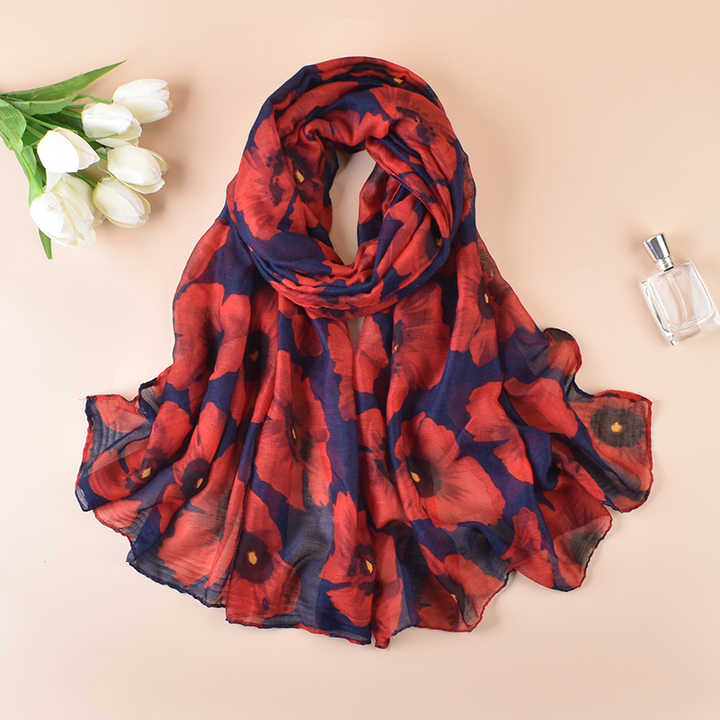 Factory Custom Design Scarfs High Quality Floral Print Women's Breathable Scarves Tourism Shawl poppy Scarf Australia