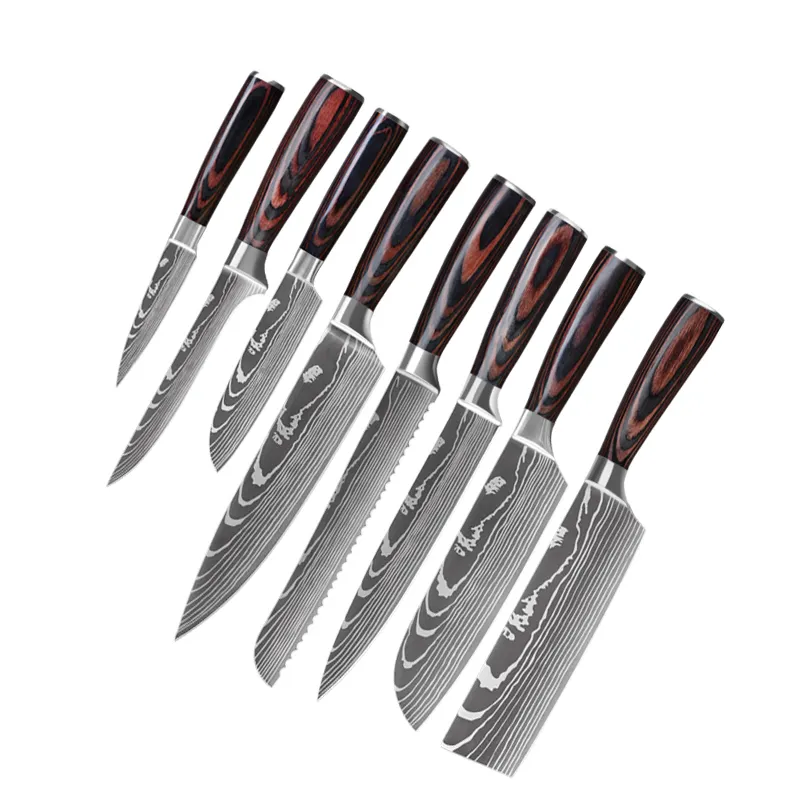 Cuchillas de acero inoxidable para cocina, juego de cuchillos de Chef láser de Damasco, Santoku, útiles de pelado, 8 Uds.