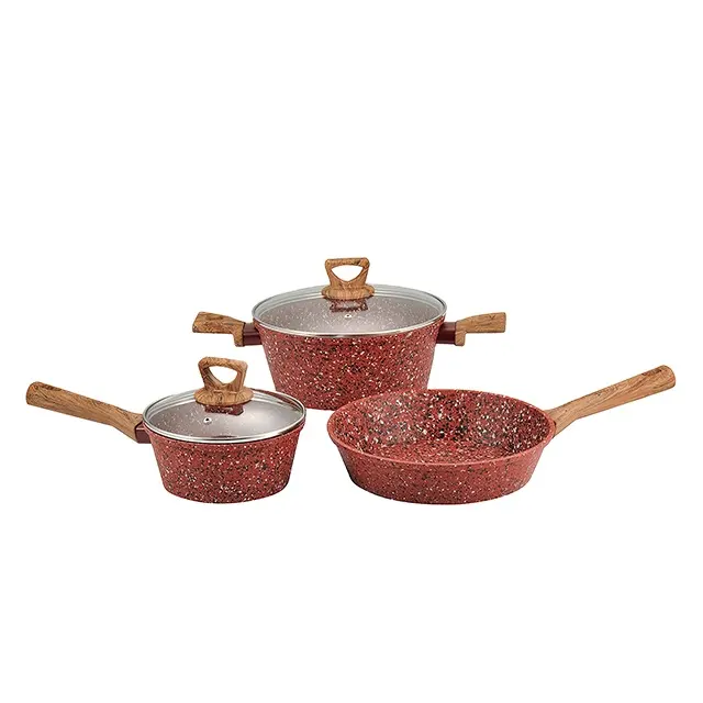 Ensemble d'ustensiles de cuisine antiadhésifs, casseroles et poêles avec revêtement en granit rouge, à Induction, Compatible avec poignée en bakélite