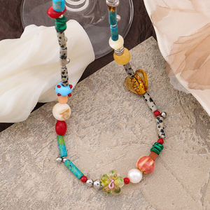 Mode Rvs Natuurlijke Zoetwaterparel Gekleurd Glas Shell Gevlekte Steen Malachiet Bloem Hart Kralen Ketting Vrouwen - Product Image 4