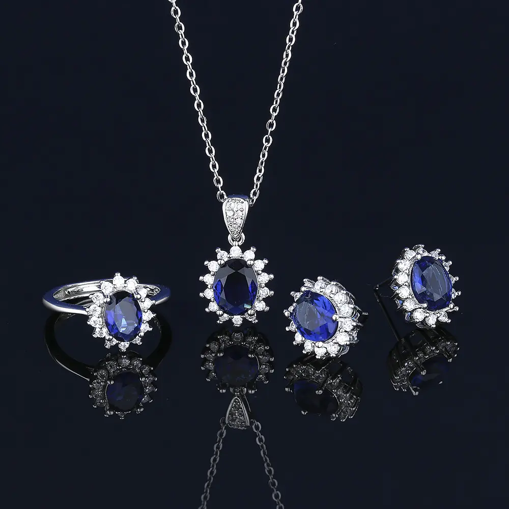 Da donna principessa blu zaffiro gioielli collana con ciondolo Set di orecchini per donna principessa Diana Kate Middleton Set di gioielli