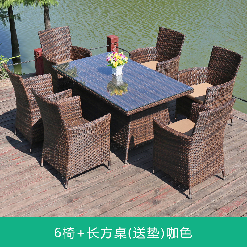 6 chair + 90x150cm rectangular table with cushion-coffee color