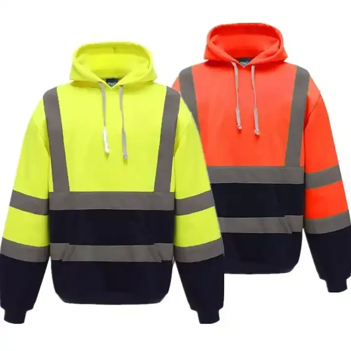 Haute qualité 280gsm logo personnalisé fluorescent vert orange fermeture éclair sweats à capuche hommes sécurité réfléchissants sweats à capuche avec capuche