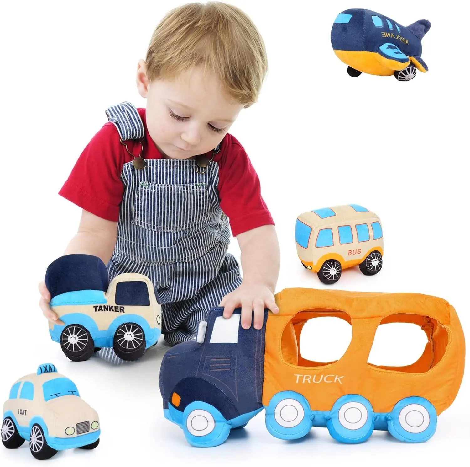 Grand jouet en peluche de voiture, ensemble de jouets de camion souple avec 4 véhicules en peluche pour bébés jouets cadeau en peluche de dessin animé mignon pour enfants bébés