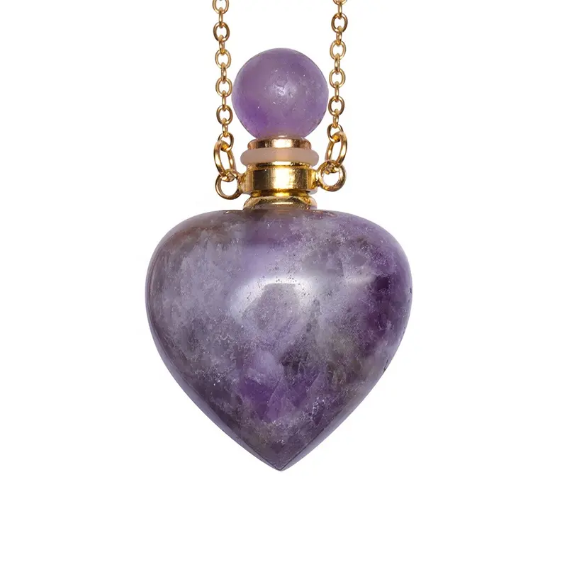 Wholesale Empty Perfume Bottle Crystal Natural Amethyst Necklace Heart Shape Pendant